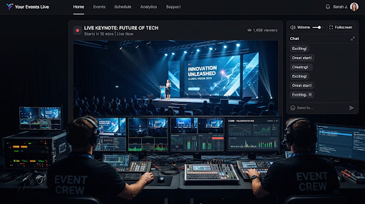 Corporate keynote stage viewed from a technical control room perspective