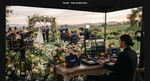 Elegant outdoor wedding ceremony with discreet professional broadcast equipment